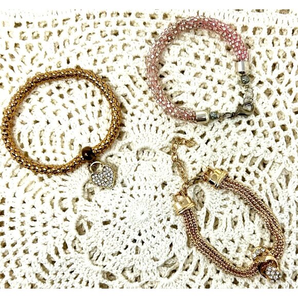3 Handcrafted Bracelets With Rhinestone Accents In Gold & Pink Beaded Designs - Picture 5 of 8
